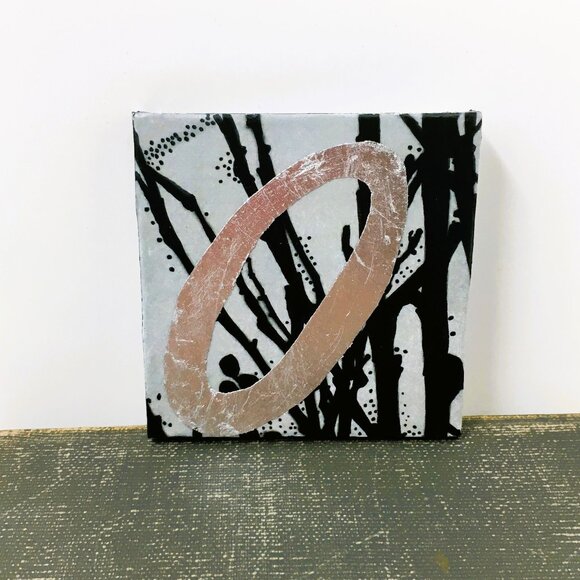 Miniature Square Gray Black Silver Leaf Branches Ink Drawing on Canvas Wall Art - Picture 9 of 16